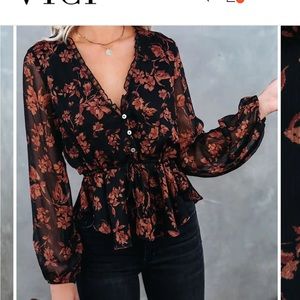 Vici FROSTED CRANBERRY FLORAL PEPLUM BLOUSE